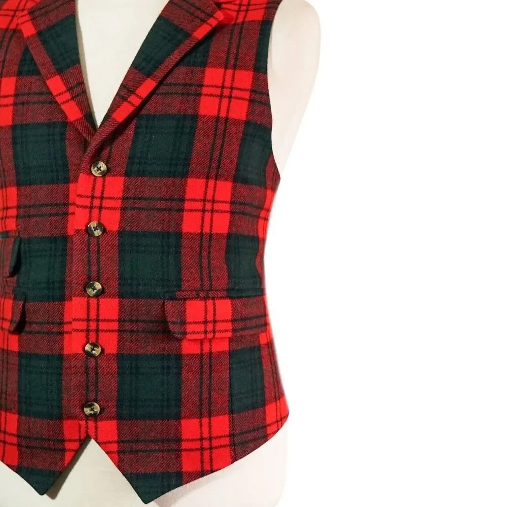 Mens 46R Red Green Tartan Plaid Wool Vest Waistcoat Formal Wedding Christmas